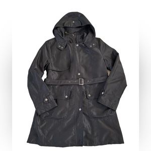Black zip up spring coat with hood and pockets size Large